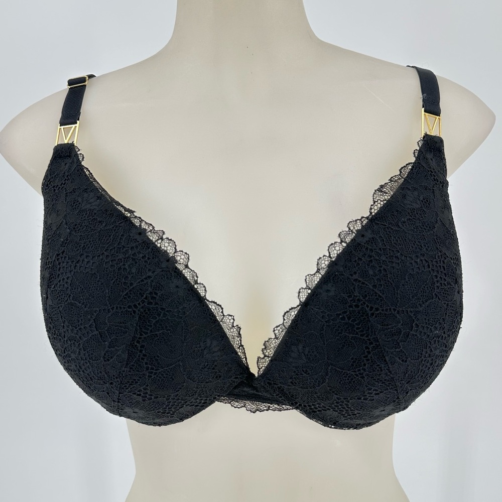 Victoria’s Secret Black Lace Gold Logo Very Sexy Uplift Plunge Sz 34DDD